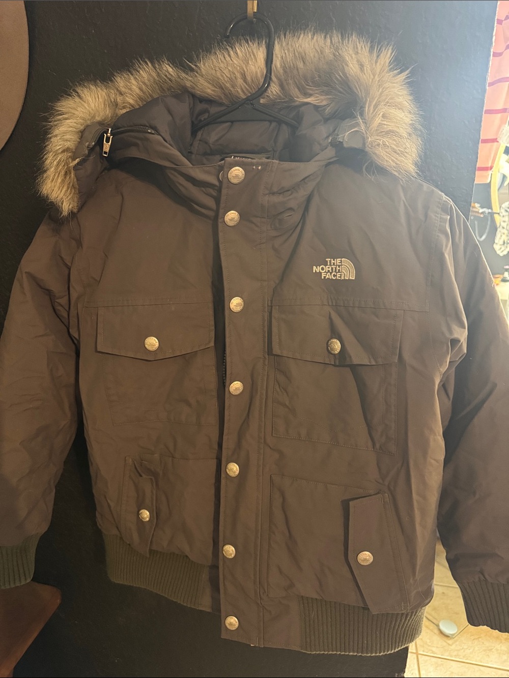 The North Face Kids Dark Brown Hooded Puffer with Faux Fur Trim